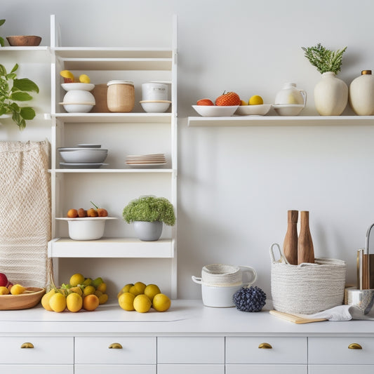 A minimalist kitchen with white open shelving, featuring a stack of matching ceramic plates, a woven basket filled with fresh fruit, and a few strategically placed cookbooks with colorful spines.