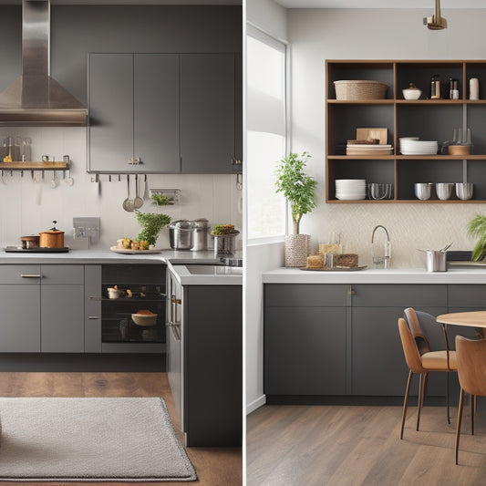 A sleek, modern kitchen with a small footprint, featuring a wall-mounted pot rack, a slide-out spice cabinet, and a compact, space-saving island with a built-in sink and cooktop.