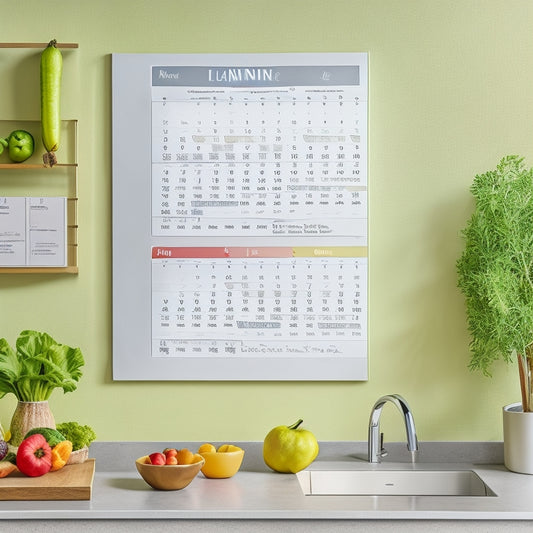 A minimalist kitchen background with a small, organized meal planning board on a wall, featuring a calendar, colorful sticky notes, and a few healthy recipe cards, surrounded by fresh fruits and veggies.