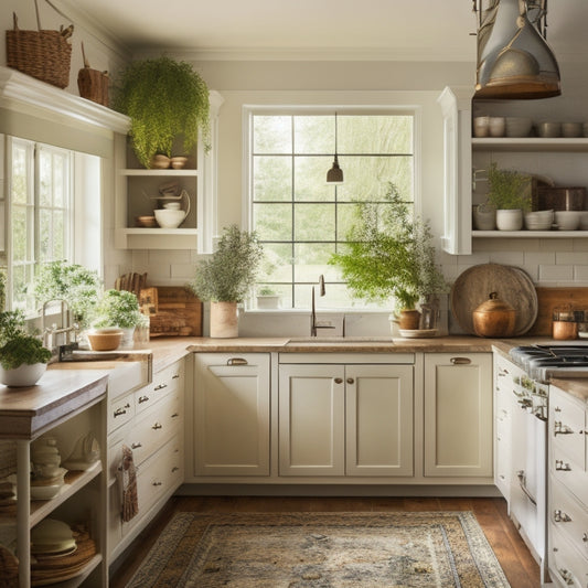 A warm, inviting kitchen with creamy white cabinets, rich wood accents, and a statement light fixture, surrounded by lush greenery, vintage cookbooks, and eclectic decorative items.