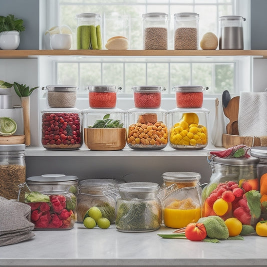 A colorful, clutter-free kitchen counter with a mix of airtight glass jars, stainless steel containers, and baskets, filled with fresh fruits, vegetables, and pantry staples, alongside a few strategically placed labels.