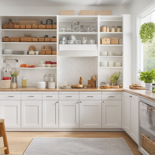 A bright, modern kitchen with a white pantry cabinet, adjustable shelves, and baskets filled with organized food and cookware, surrounded by a calm, natural background.