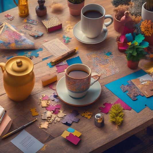 A whimsical illustration of a blogger's desk, with a puzzle piece fitting into place, surrounded by scattered paper scraps, colorful pens, and a cup of steaming coffee, bathed in warm, golden light.