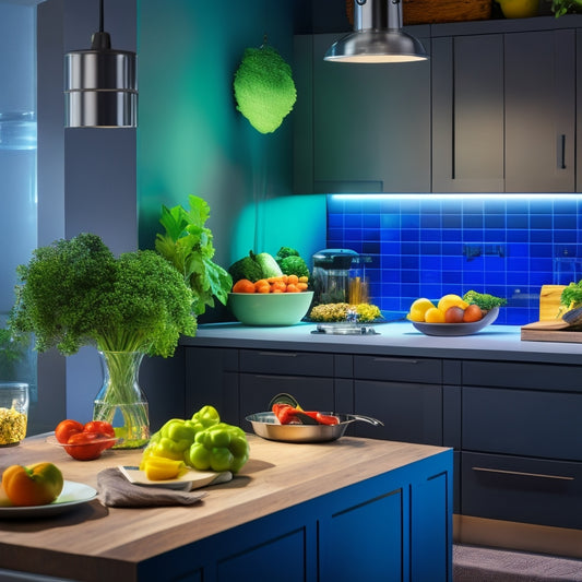 A modern kitchen scene featuring sleek, energy-efficient LED under-cabinet lights illuminating countertops, showcasing vibrant colors of fresh vegetables and kitchen utensils, with a warm, inviting ambiance and a minimalist design aesthetic.