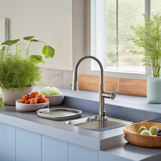 A sleek, modern kitchen countertop featuring a compact, multi-tiered dish drainer with elegant, minimalist design; vibrant dishes arranged neatly, complemented by a stylish sink, fresh herbs in pots, and soft natural lighting.