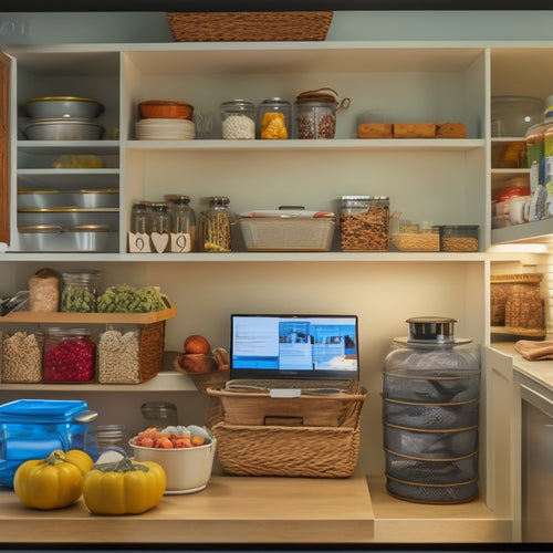 A tidy kitchen pantry with labeled jars, baskets, and bins, surrounded by a few open cookbooks and a laptop with an online course website open on the screen.