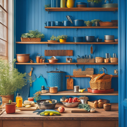 A bright kitchen scene showcasing various over-the-door racks filled with pots, pans, and utensils. A close-up of hands installing a rack on a wooden door, surrounded by vibrant kitchen decor and natural light.
