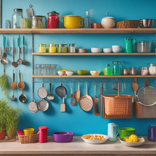 A vibrant kitchen scene showcasing a colorful pegboard filled with various kitchen tools, pots, and herbs, neatly organized. Above, open shelves display neatly stacked dishes and jars, all bathed in warm, natural light.