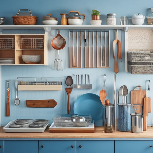 A tidy kitchen cabinet interior with various utensil storage solutions: a divided drawer organizer, a wall-mounted pegboard, a utensil carousel, and a stackable tray, all filled with neatly arranged kitchen tools.