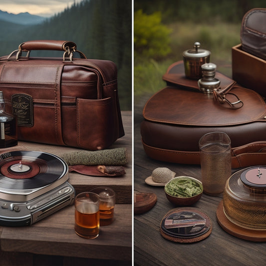 A split-screen image featuring a leather wallet, a vintage watch, and a whiskey decanter on one side, and a vinyl record player, a camping backpack, and a gourmet food basket on the other.