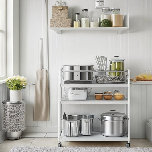 A tidy, compact kitchen with a few carefully chosen items: a small, white, three-tiered cart, a set of matching, sleek, silver canisters, and a utensil organizer on the wall, all against a calming, light gray background.