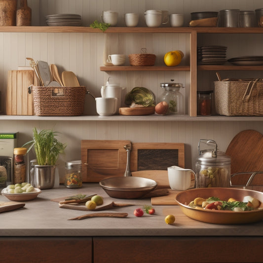 A tidy kitchen with a built-in bookshelf filled with cookbooks, a utensil organizer on the countertop, and a few cooking essentials displayed on a decorative wooden cutting board.