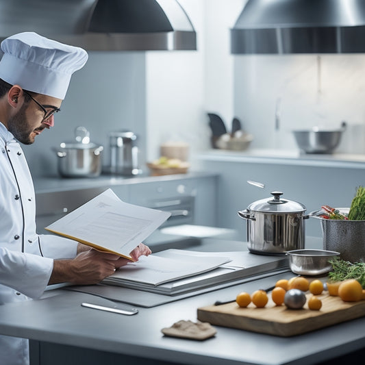 A clean and modern kitchen with a stainless steel counter, a chef in a white coat and hat, surrounded by utensils and ingredients, looking at a clipboard with a checklist.
