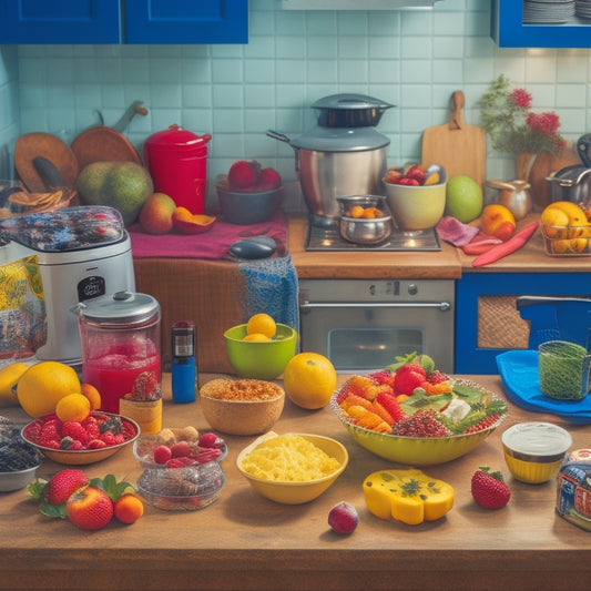 A cluttered kitchen countertop with a jumbled mess of appliances, utensils, and food items, including a toaster with crumbs, a blender with sticky stains, and a fruit bowl overflowing with ripe fruit.