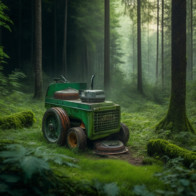 A backdrop of a lush green forest with a faint mist, featuring a rusty old lawnmower, a worn-out chainsaw, and a dilapidated generator in the foreground, with shiny new tools and parts scattered around them.