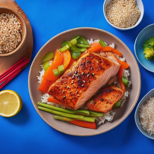 A vibrant, overhead shot of a steaming hot teriyaki chicken or salmon fillet, garnished with sesame seeds and sliced green onions, on a bed of fluffy white rice and stir-fried vegetables.