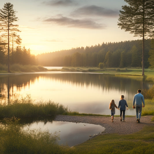 A serene landscape with a family of four in the distance, walking towards a well-stocked cabin in the woods, surrounded by a lush garden and a tranquil lake at sunset.