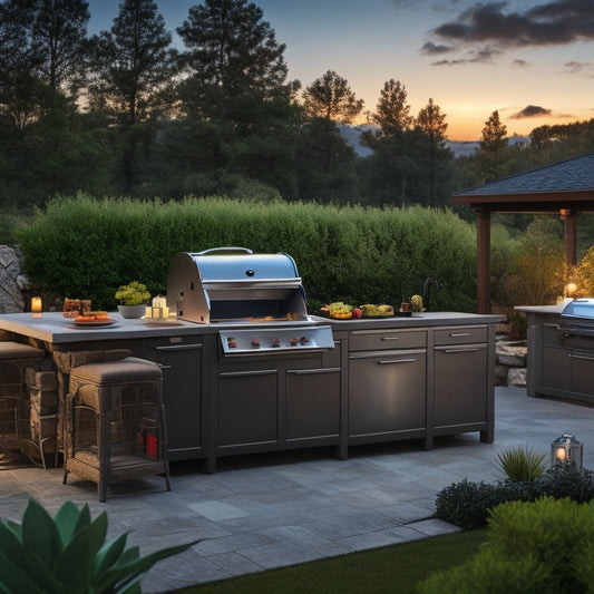 A luxurious outdoor kitchen with a sleek, gray storage module featuring slide-out drawers, a built-in grill, and a countertop with a sink, all set against a warm, sunset-lit backyard with lush greenery.