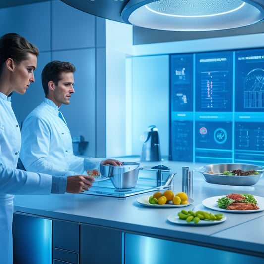 A futuristic kitchen with sleek appliances, a chef in a modern apron, and a large, glowing culinary tablet displaying a dashboard with charts, graphs, and icons representing updated features and security shields.