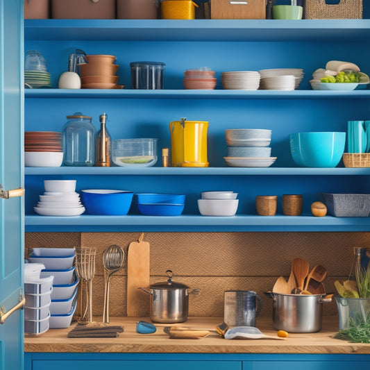 A cluttered kitchen cabinet with disorganized dishes, utensils, and food items spilling out, contrasted with a tidy, organized cabinet featuring adjustable shelves, baskets, and dividers, with a subtle warm lighting effect.