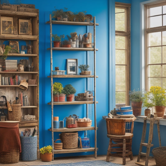 A colorful, clutter-free room with repurposed items: an old ladder turned bookshelf, a mason jar storing paintbrushes, and a vintage window transformed into a room divider.