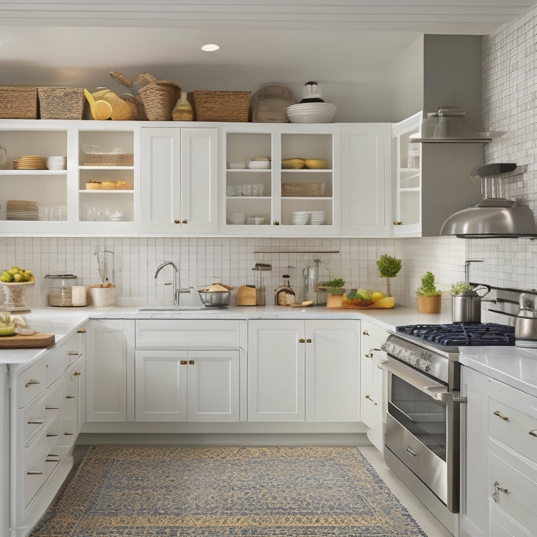 A bright, modern kitchen with sleek cabinets, a central island, and a stainless steel refrigerator, featuring a mix of open shelving, pull-out drawers, and a pegboard with utensils, against a warm, creamy backdrop.