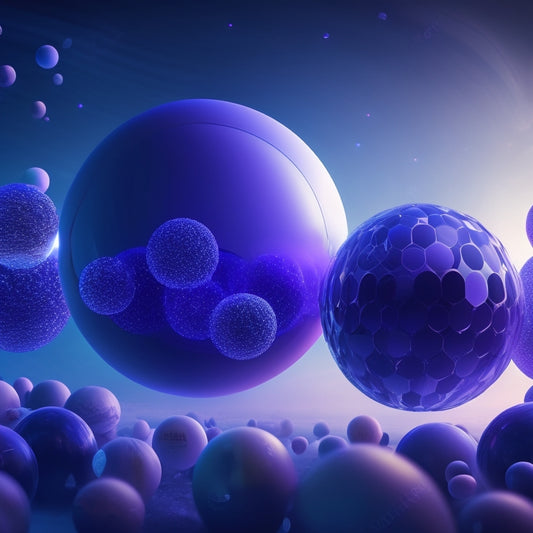 A futuristic, minimalist background with sleek, interconnected spheres of varying sizes, each containing a different video playback icon, surrounded by subtle, glowing lines and gentle, swirling clouds of blue and purple hues.