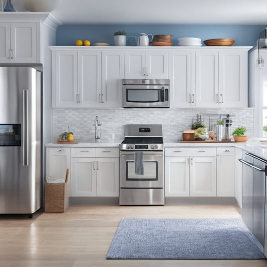 A bright, modern kitchen with sleek white cabinets, a large island, and a stainless steel refrigerator, featuring a desktop computer on the counter with a kitchen design software open on the screen.
