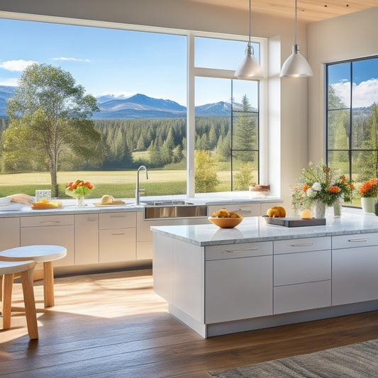 A bright, modern kitchen with gleaming white cabinets, quartz countertops, stainless steel appliances, and a large center island, set against a backdrop of large windows and a stunning natural landscape.