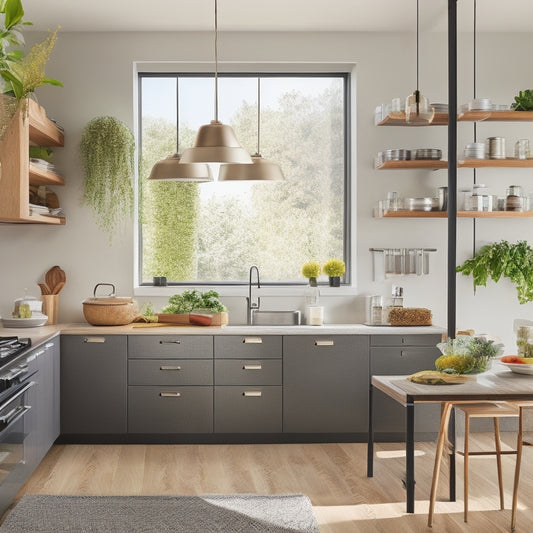 A sleek, modern kitchen featuring innovative space-saving solutions: tiered spice racks, hanging pot organizers, a foldable cutting board, and a compact kitchen island, all set against a bright, airy backdrop with natural light.