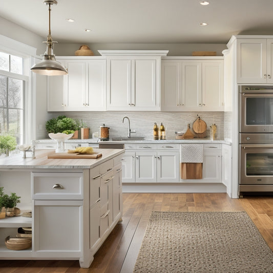 A bright, modern kitchen with sleek white cabinets, warm wooden countertops, and a spacious island featuring a built-in Crosskitchen storage system with pull-out drawers and shelves.