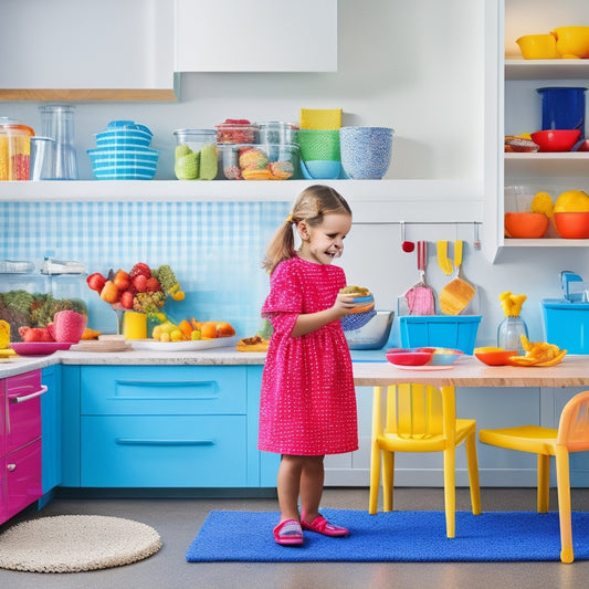 A bright, colorful kitchen featuring organized roll-out trays filled with child-friendly snacks, vibrant fruits, and playful utensils. Soft lighting highlights the cheerful design, with a small child reaching for a healthy treat.