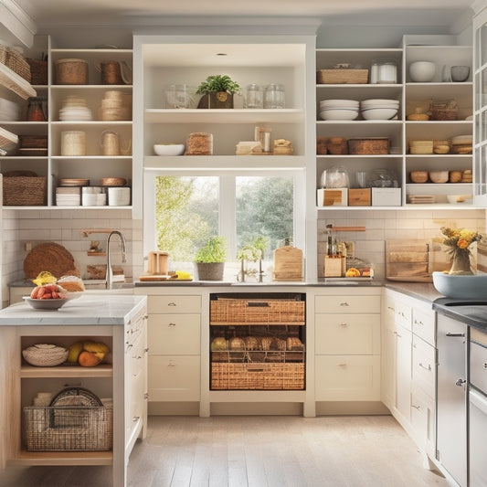 A beautifully organized kitchen with open shelving, sleek pull-out drawers, and clear storage bins filled with spices, utensils, and pots, all set against a bright, airy backdrop with modern fixtures and natural light streaming in.