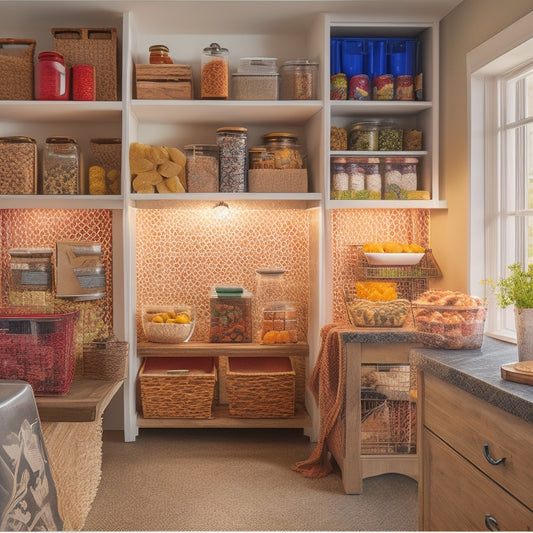 A warm and inviting pantry interior with open shelves, filled with various colorful cereal boxes, a few open containers, and a wooden table with a partially filled worksheet and a pencil.
