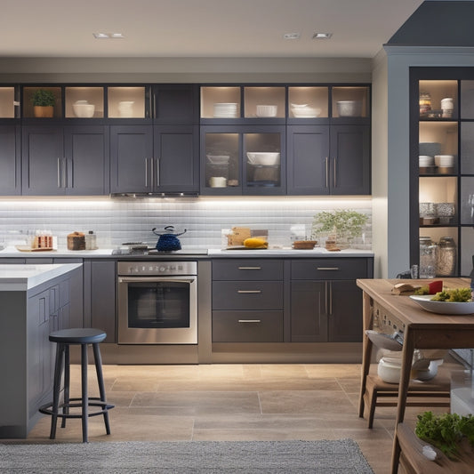 A clutter-free kitchen with sleek, handle-less cabinets, pull-out drawers, and a utensil organizer on the back of a door, surrounded by a few strategically placed LED lights, and a minimalist kitchen island.
