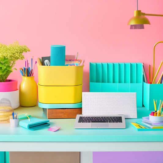 A bright, minimalist workspace with a wooden desk, a basket of colorful pens, and a laptop, surrounded by neatly organized files and folders with decorative, pastel-colored printable labels.