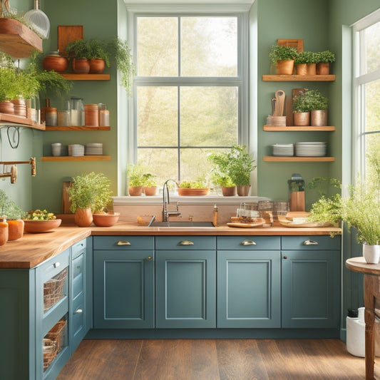 A modern kitchen showcasing a stylish corner cabinet filled with organized pots and pans, featuring pull-out shelves, vibrant spices in clear jars, and lush green herbs on a nearby windowsill, all bathed in warm, natural light.