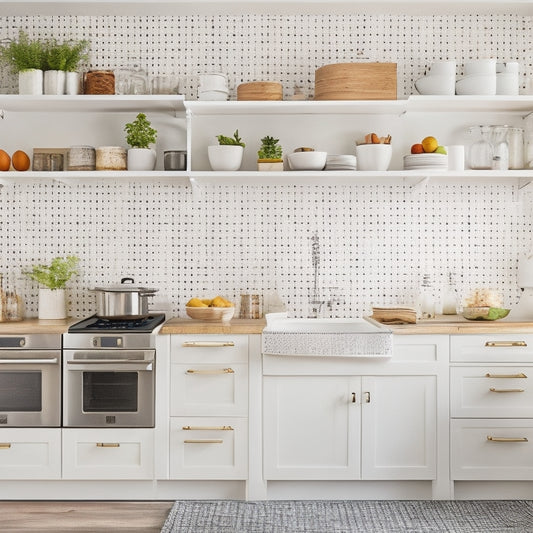 A bright, modern kitchen with creamy white cabinets, stainless steel appliances, and warm hardwood floors, featuring a pegboard with hanging utensils, a pull-out spice rack, and a tiered shelf for cookbooks.