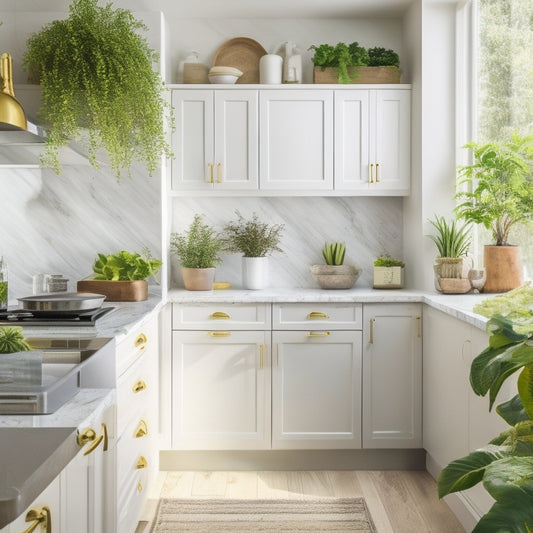 A bright, modern kitchen with sleek, white cabinets, featuring a mix of open shelving, pull-out drawers, and decorative glass-front cabinets, with warm, golden lighting and a few, strategically-placed potted plants.