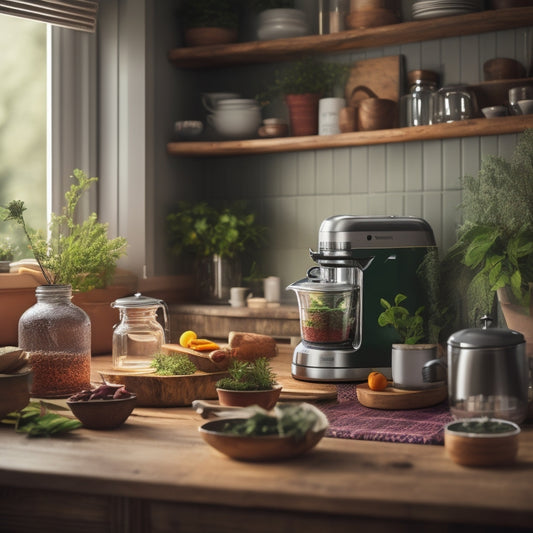 A cozy kitchen scene featuring a wooden tiered rack, showcasing colorful small appliances like a blender, toaster, and coffee maker, surrounded by potted herbs and warm lighting for a welcoming atmosphere.