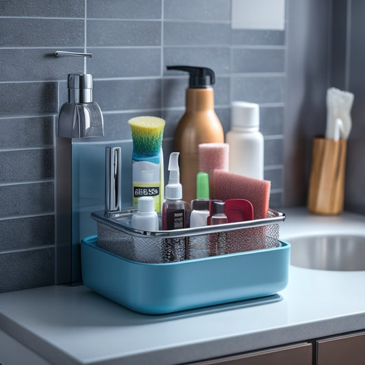 A sleek, modern sink caddy with compartments for sponges, brushes, and dish soap, placed beside a sparkling sink. Water droplets glisten on the caddy's surface, showcasing quick-drying materials and vibrant colors.