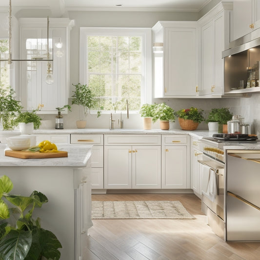 A bright, airy kitchen with cream-colored cabinets, a marble island, and a stainless steel refrigerator, surrounded by lush greenery and warm, golden lighting.