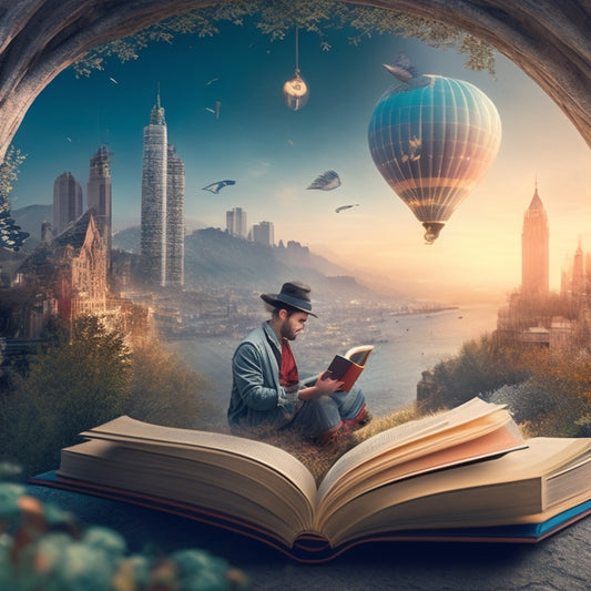 A whimsical illustration of a person surrounded by swirling pages, books, and reading lamps, with a cityscape, nature scenery, and fantastical worlds blending together in the background.