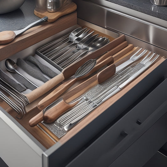 A photograph of a sleek, modern kitchen with a custom-designed utensil drawer, featuring neatly organized rows of stainless steel utensils, a built-in knife block, and a soft-close mechanism.