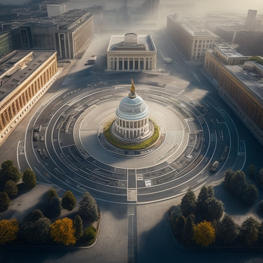 A maze with a fork at its center, surrounded by icons of food trucks, restaurants, and grocery stores, with a faint image of a government building in the background, shrouded in fog.