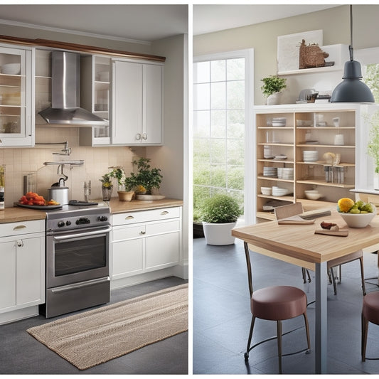 A modern kitchen with a wheelchair-accessible island featuring pull-out shelves, adjustable cabinets, and a lowered sink area, surrounded by ample floor space for easy navigation.