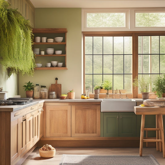 A serene eco-friendly kitchen showcasing sleek under-cabinet lighting illuminating reclaimed wood countertops, lush potted herbs, and bamboo accents, with soft green walls and natural light streaming through large windows.