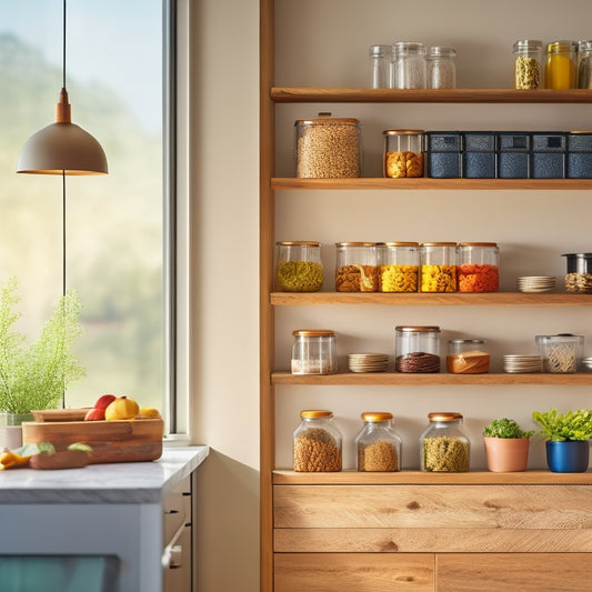 A sleek, modern kitchen featuring foldable wooden shelves adorned with vibrant spice jars. Natural light streams through a window, highlighting the organized spices and an inviting, minimalist cooking space.