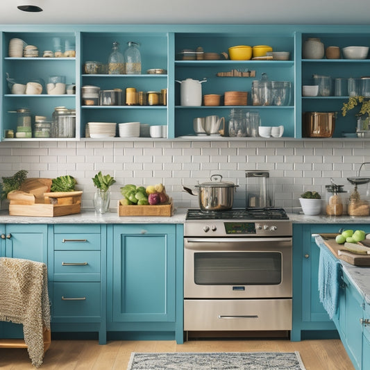 A bright, modern kitchen with open shelves, pull-out drawers, and a lazy Susan corner cabinet, all filled with organized cooking utensils, pots, and pans in a warm, inviting color scheme.