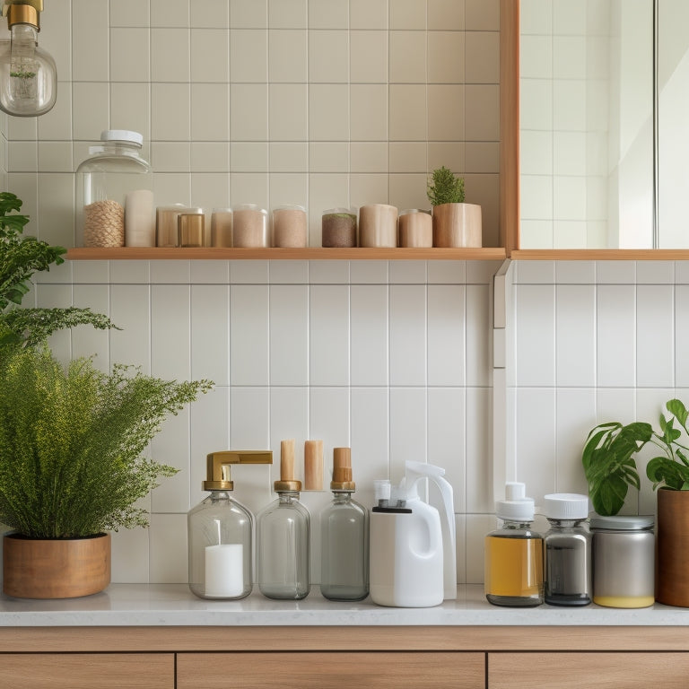 A sleek, organized under-sink area featuring minimalist design: wooden shelves, neatly stacked containers, essential cleaning supplies in clear jars, a small plant for a touch of greenery, and a simple, elegant color palette.